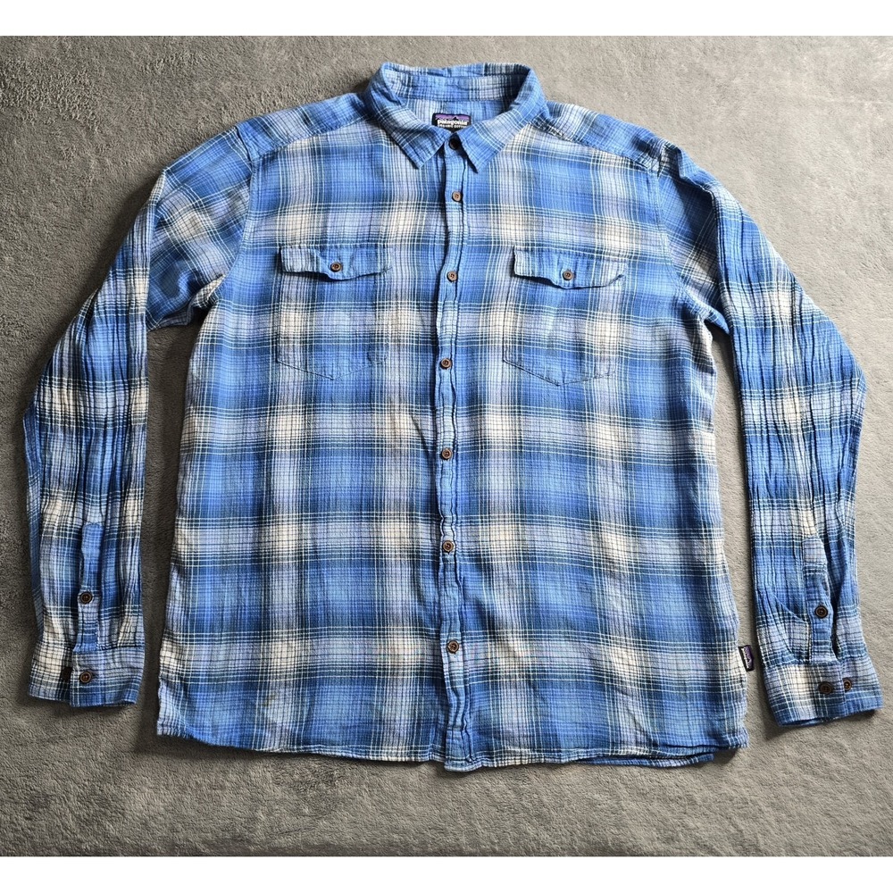 Patagonia Steersman Shirt Mens XL Blue Plaid Long Sleeve